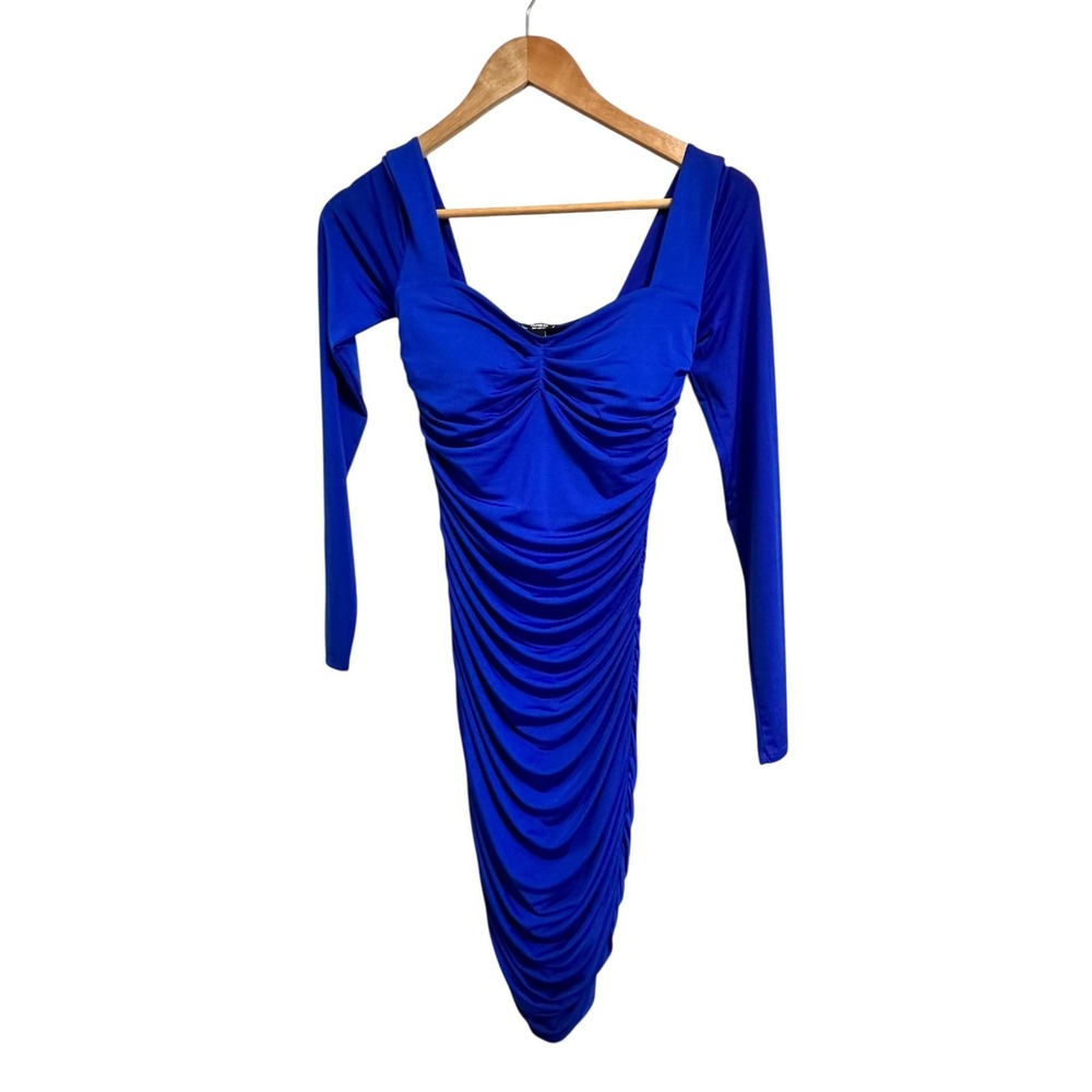 Express Body Contour Collection Royal Blue Ruched Long Sleeve mini‎ Dress XS NEW